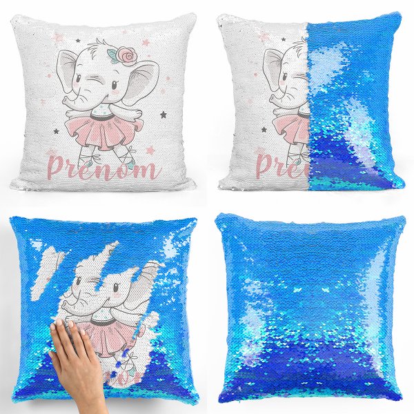 coussin pillow mermaid à sequin magique enfant reversible et personnalisable avec motif danseuse éléphante de couleur bleu nacré