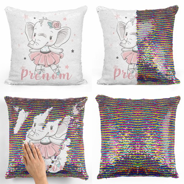 coussin pillow mermaid à sequin magique enfant reversible et personnalisable avec motif danseuse éléphante de couleur multicolore