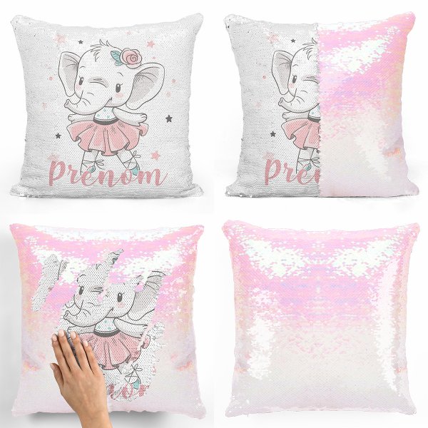 coussin pillow mermaid à sequin magique enfant reversible et personnalisable avec motif danseuse éléphante de couleur blanc nacré