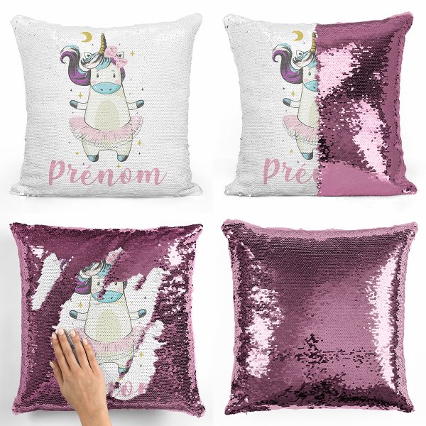coussin pillow mermaid à sequin magique enfant reversible et personnalisable avec motif danseuse licorne de couleur rose clair