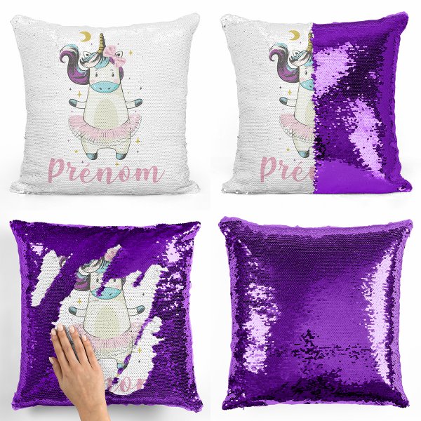 coussin pillow mermaid à sequin magique enfant reversible et personnalisable avec motif danseuse licorne de couleur violet
