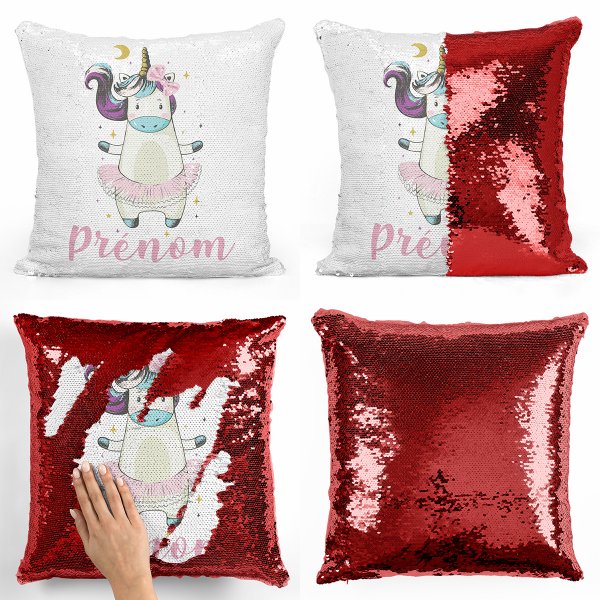coussin pillow mermaid à sequin magique enfant reversible et personnalisable avec motif danseuse licorne de couleur rouge
