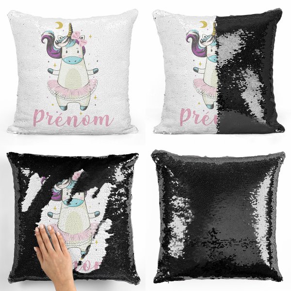 coussin pillow mermaid à sequin magique enfant reversible et personnalisable avec motif danseuse licorne de couleur noir