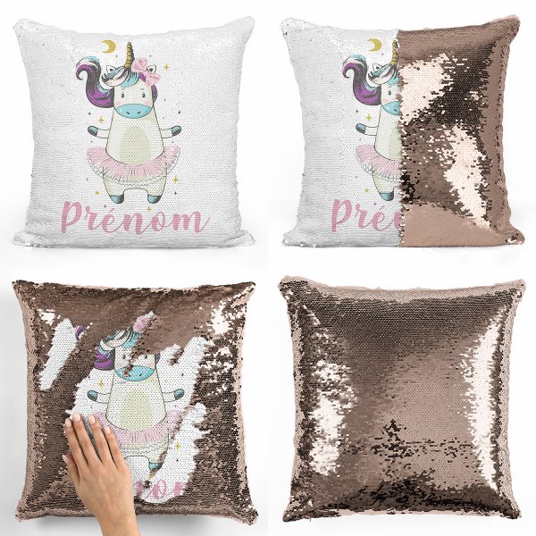 coussin pillow mermaid à sequin magique enfant reversible et personnalisable avec motif danseuse licorne de couleur champagne