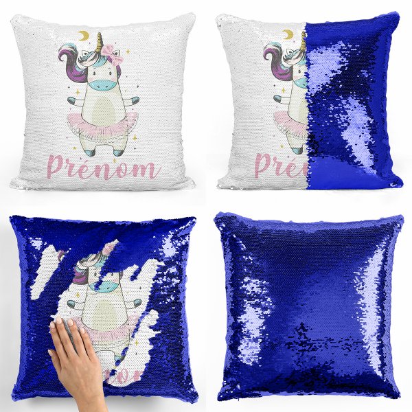 coussin pillow mermaid à sequin magique enfant reversible et personnalisable avec motif danseuse licorne de couleur bleu foncé