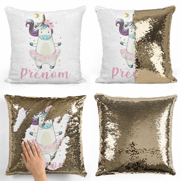 coussin pillow mermaid à sequin magique enfant reversible et personnalisable avec motif danseuse licorne de couleur or doré