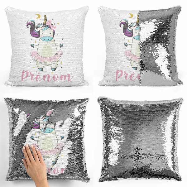 coussin pillow mermaid à sequin magique enfant reversible et personnalisable avec motif danseuse licorne de couleur argent