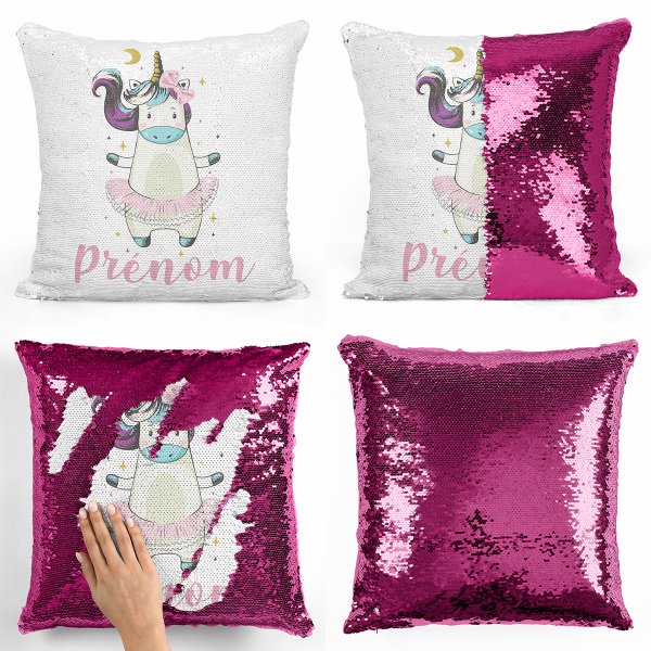 coussin pillow mermaid à sequin magique enfant reversible et personnalisable avec motif danseuse licorne de couleur fushia