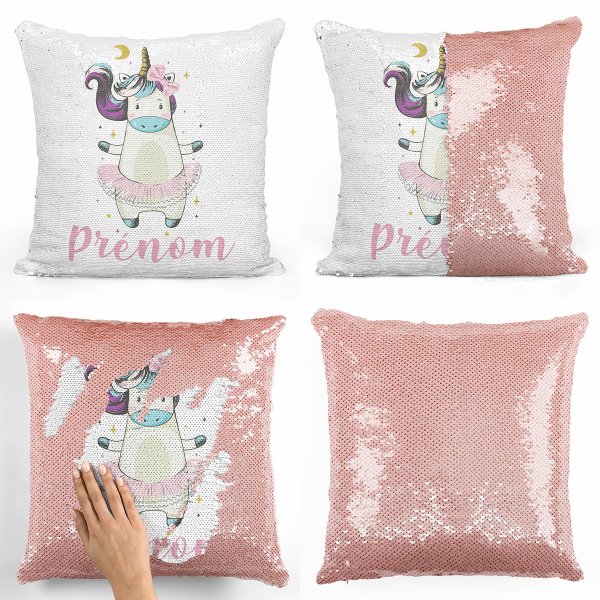 coussin pillow mermaid à sequin magique enfant reversible et personnalisable avec motif danseuse licorne de couleur saumon