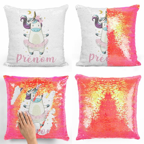 coussin pillow mermaid à sequin magique enfant reversible et personnalisable avec motif danseuse licorne de couleur orange nacré