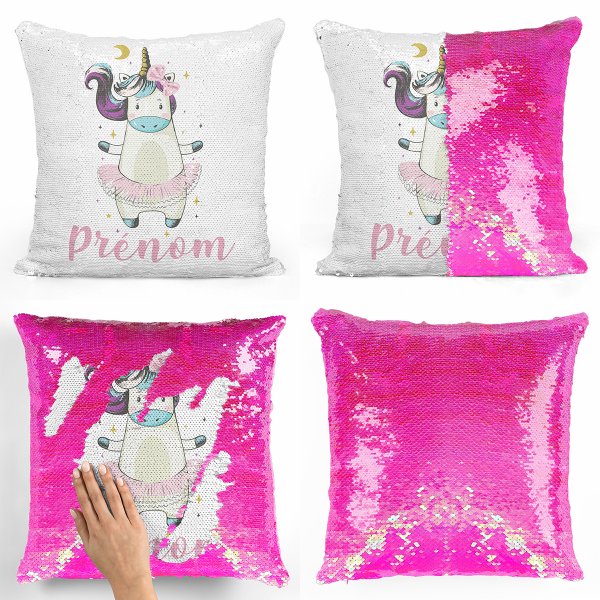 coussin pillow mermaid à sequin magique enfant reversible et personnalisable avec motif danseuse licorne de couleur rose nacré