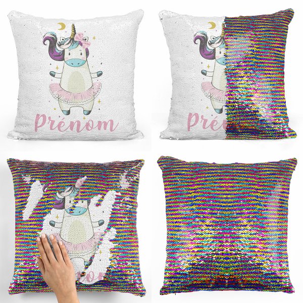 coussin pillow mermaid à sequin magique enfant reversible et personnalisable avec motif danseuse licorne de couleur multicolore