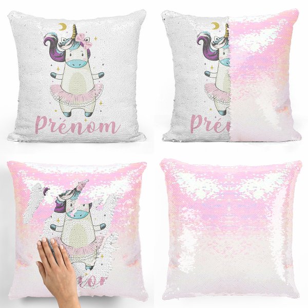 coussin pillow mermaid à sequin magique enfant reversible et personnalisable avec motif danseuse licorne de couleur blanc nacré