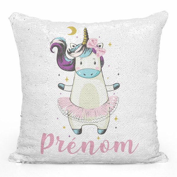 coussin pillow mermaid à sequin magique enfant reversible et personnalisable avec motif danseuse licorne