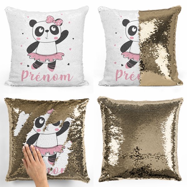 coussin pillow mermaid à sequin magique enfant reversible et personnalisable avec motif danseuse panda de couleur or doré