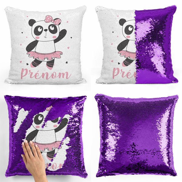 coussin pillow mermaid à sequin magique enfant reversible et personnalisable avec motif danseuse panda de couleur violet