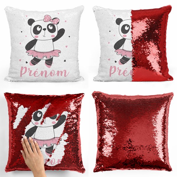 coussin pillow mermaid à sequin magique enfant reversible et personnalisable avec motif danseuse panda de couleur rouge