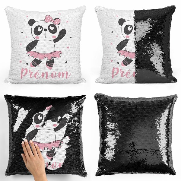 coussin pillow mermaid à sequin magique enfant reversible et personnalisable avec motif danseuse panda de couleur noir