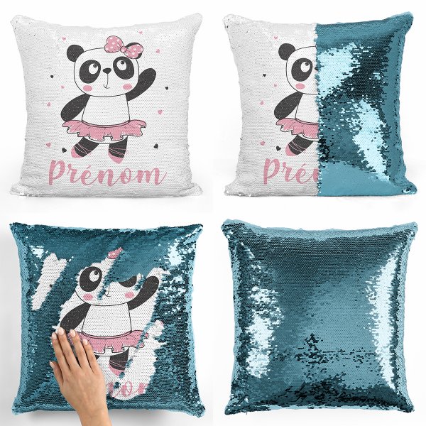 coussin pillow mermaid à sequin magique enfant reversible et personnalisable avec motif danseuse panda de couleur bleu clair