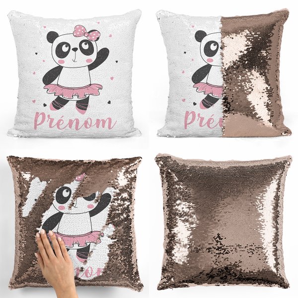 coussin pillow mermaid à sequin magique enfant reversible et personnalisable avec motif danseuse panda de couleur champagne