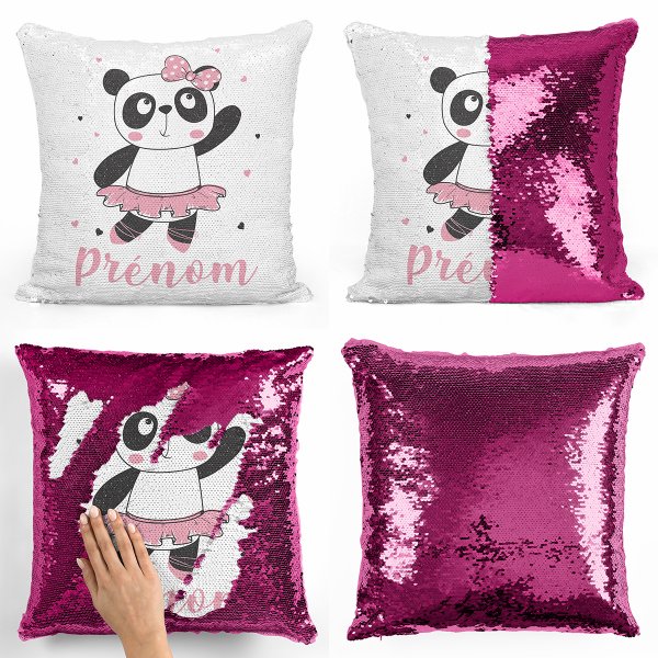 coussin pillow mermaid à sequin magique enfant reversible et personnalisable avec motif danseuse panda de couleur fushia