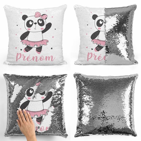 coussin pillow mermaid à sequin magique enfant reversible et personnalisable avec motif danseuse panda de couleur argent