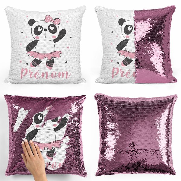 coussin pillow mermaid à sequin magique enfant reversible et personnalisable avec motif danseuse panda de couleur rose clair
