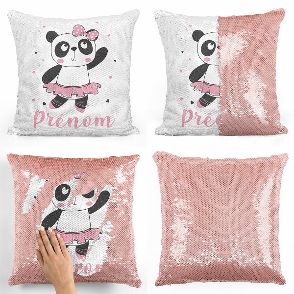 coussin pillow mermaid à sequin magique enfant reversible et personnalisable avec motif danseuse panda de couleur saumon