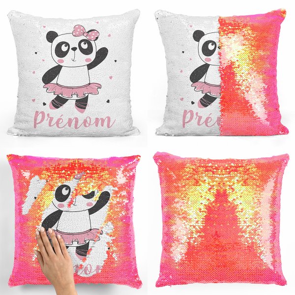 coussin pillow mermaid à sequin magique enfant reversible et personnalisable avec motif danseuse panda de couleur orange nacré