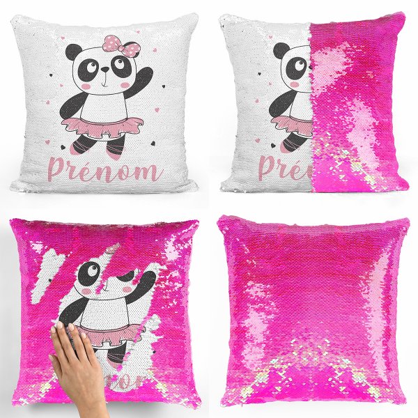 coussin pillow mermaid à sequin magique enfant reversible et personnalisable avec motif danseuse panda de couleur rose nacré