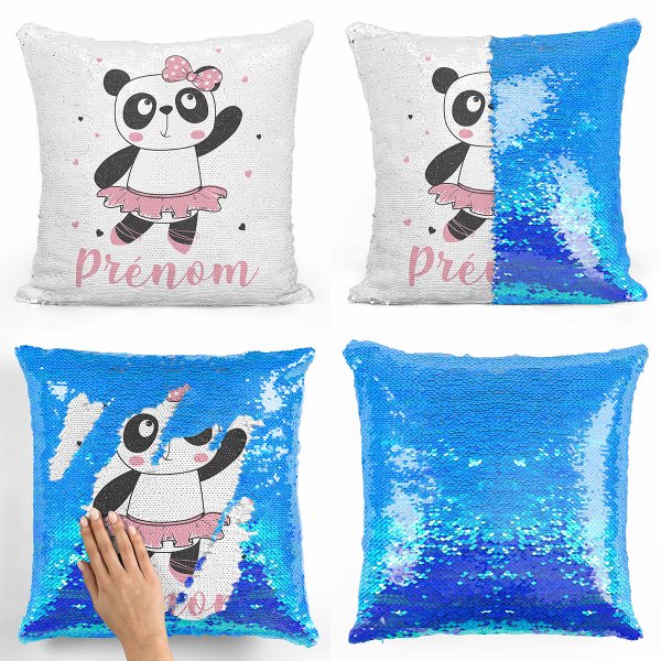 coussin pillow mermaid à sequin magique enfant reversible et personnalisable avec motif danseuse panda de couleur bleu nacré