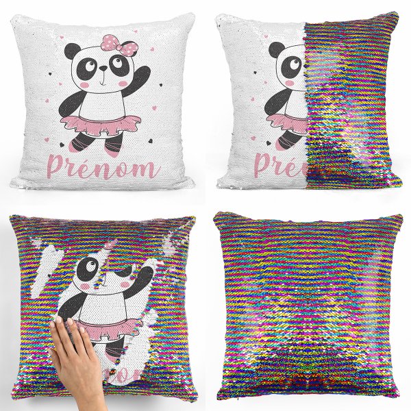 coussin pillow mermaid à sequin magique enfant reversible et personnalisable avec motif danseuse panda de couleur multicolore