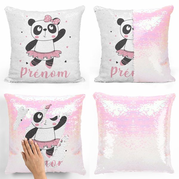 coussin pillow mermaid à sequin magique enfant reversible et personnalisable avec motif danseuse panda de couleur blanc nacré