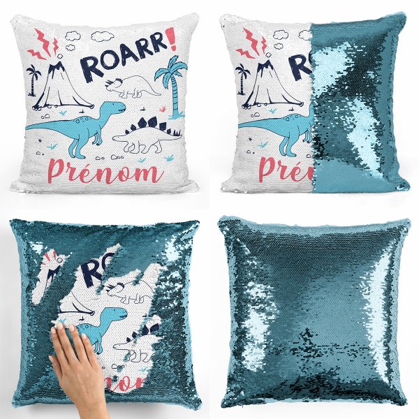 coussin pillow mermaid à sequin magique enfant reversible et personnalisable avec motif dinosaures de couleur bleu clair