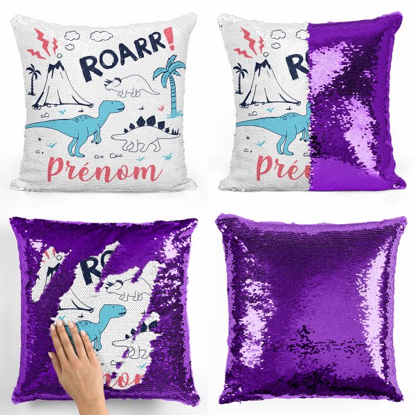 coussin pillow mermaid à sequin magique enfant reversible et personnalisable avec motif dinosaures de couleur violet