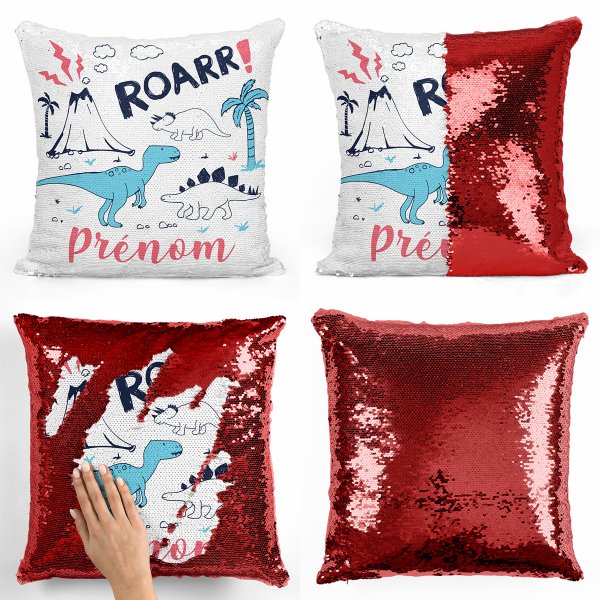 coussin pillow mermaid à sequin magique enfant reversible et personnalisable avec motif dinosaures de couleur rouge