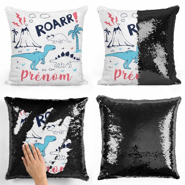 coussin pillow mermaid à sequin magique enfant reversible et personnalisable avec motif dinosaures de couleur noir