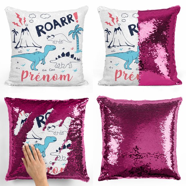 coussin pillow mermaid à sequin magique enfant reversible et personnalisable avec motif dinosaures de couleur fushia