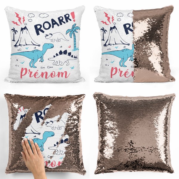 coussin pillow mermaid à sequin magique enfant reversible et personnalisable avec motif dinosaures de couleur champagne