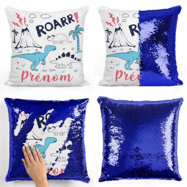 coussin pillow mermaid à sequin magique enfant reversible et personnalisable avec motif dinosaures de couleur bleu foncé