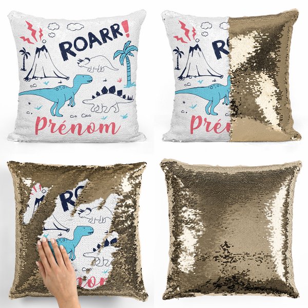 coussin pillow mermaid à sequin magique enfant reversible et personnalisable avec motif dinosaures de couleur or doré