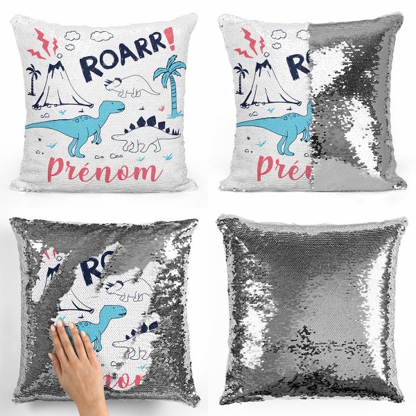 coussin pillow mermaid à sequin magique enfant reversible et personnalisable avec motif dinosaures de couleur argent