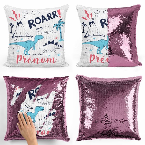 coussin pillow mermaid à sequin magique enfant reversible et personnalisable avec motif dinosaures de couleur rose clair