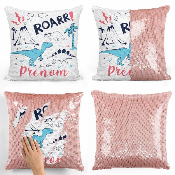 coussin pillow mermaid à sequin magique enfant reversible et personnalisable avec motif dinosaures de couleur saumon