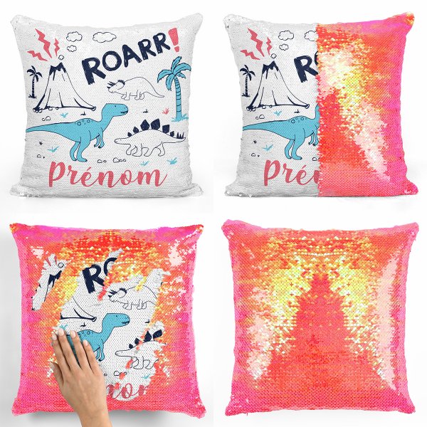 coussin pillow mermaid à sequin magique enfant reversible et personnalisable avec motif dinosaures de couleur orange nacré