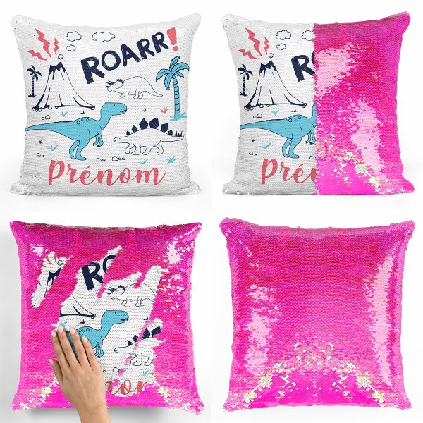 coussin pillow mermaid à sequin magique enfant reversible et personnalisable avec motif dinosaures de couleur rose clair