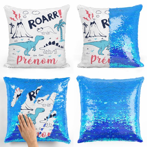 coussin pillow mermaid à sequin magique enfant reversible et personnalisable avec motif dinosaures de couleur bleu clair