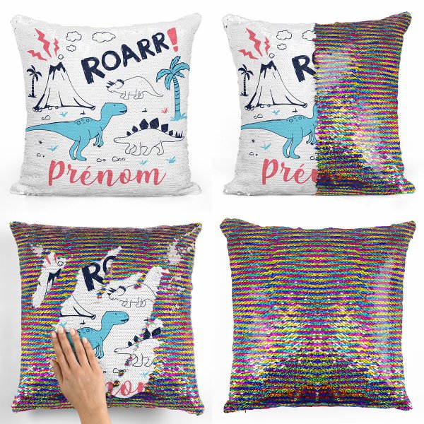 coussin pillow mermaid à sequin magique enfant reversible et personnalisable avec motif dinosaures de couleur multicolore