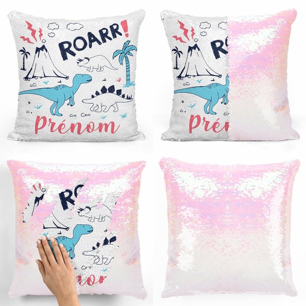 coussin pillow mermaid à sequin magique enfant reversible et personnalisable avec motif dinosaures de couleur blanc nacré