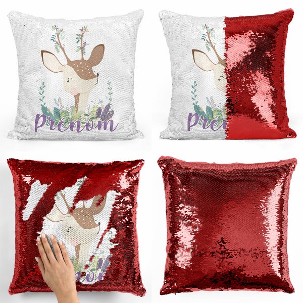 coussin pillow mermaid à sequin magique enfant reversible et personnalisable avec motif faon de couleur rouge